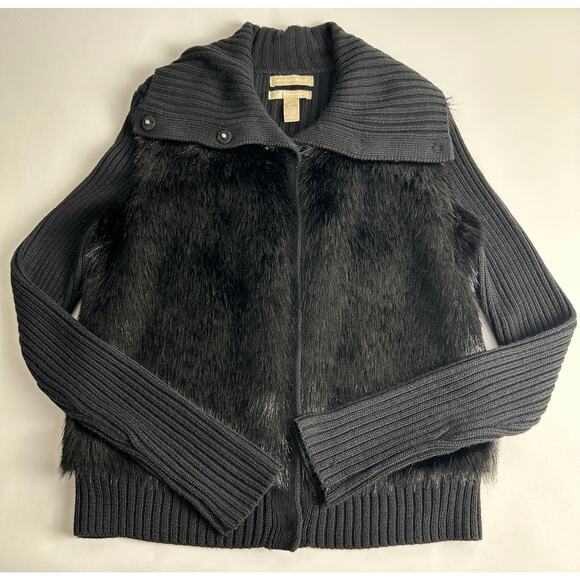 Banana Republic Size Large Black Wool Faux Fur Cardigan Sweater Winter Collared - Picture 4 of 11